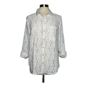 Maeve Anthropologie White Floral Embroidered Button Down Blouse Size 16